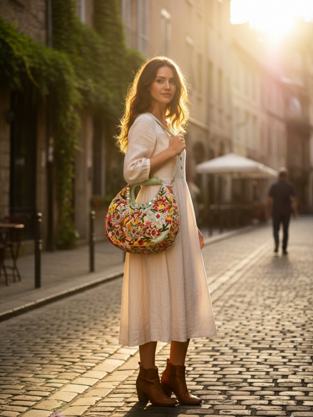 Colorful Floral Embroidered Crescent Hobo Bag – Green Trim